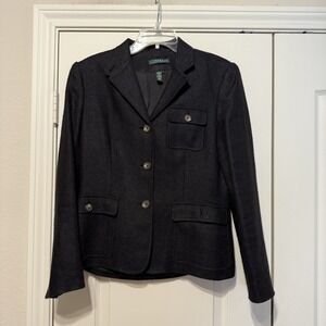 Women's 8 Ralph Lauren Black Herringbone Silk & Linen NorfolK Blazer Jacket